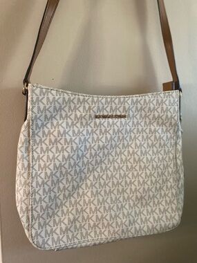 Michael Kors Cream White Signature MK Shoulder Bag with Brown Strap